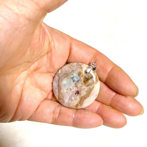 Natural Peachy Agate Pendant, Large Genuine Gemstone Round Coin Pendant - Picture 12 of 12